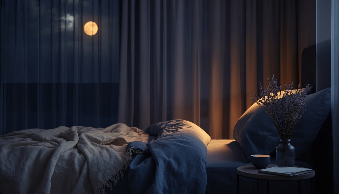 Ruhiges Schlafzimmer bei Mondlicht für Gedanken loslassen vor dem Einschlafen